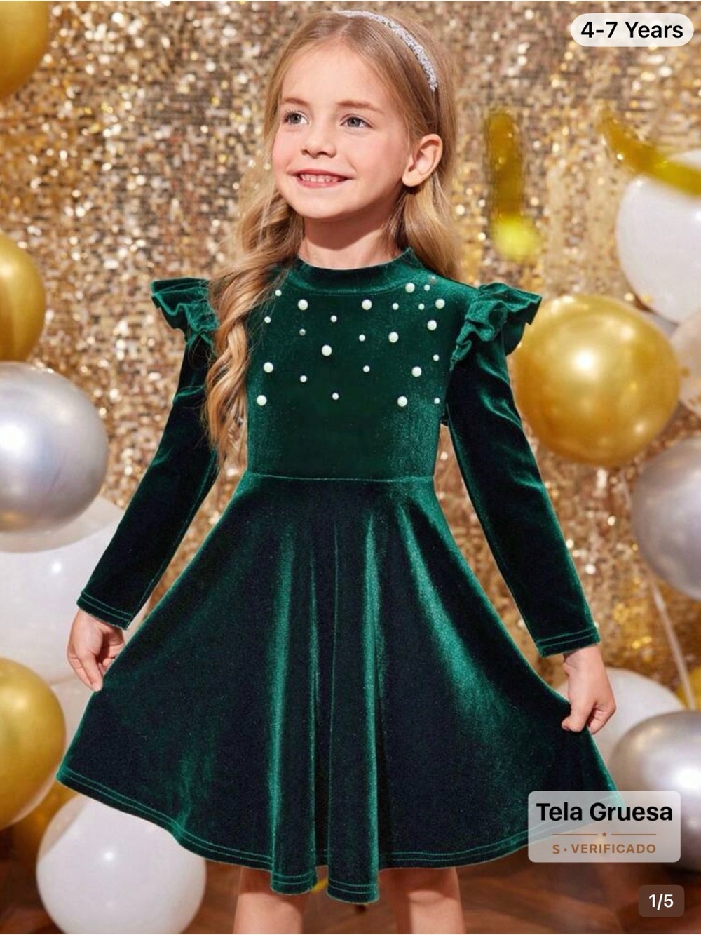 SHEIN Girls Emerald Green Velvet Pearl-Trim Fit & Flare Dress 5y